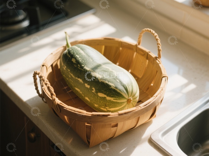 高清大图下载【趣麦麦图】厨房台面上的篮子装着绿色南瓜