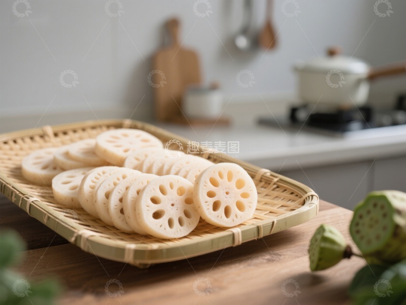 高清大图下载【趣麦麦图】莲藕切片置于竹篮，厨房背景