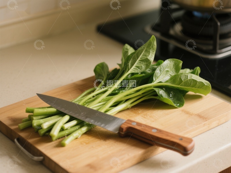 高清大图下载【趣麦麦图】新鲜菠菜与刀具置于砧板上