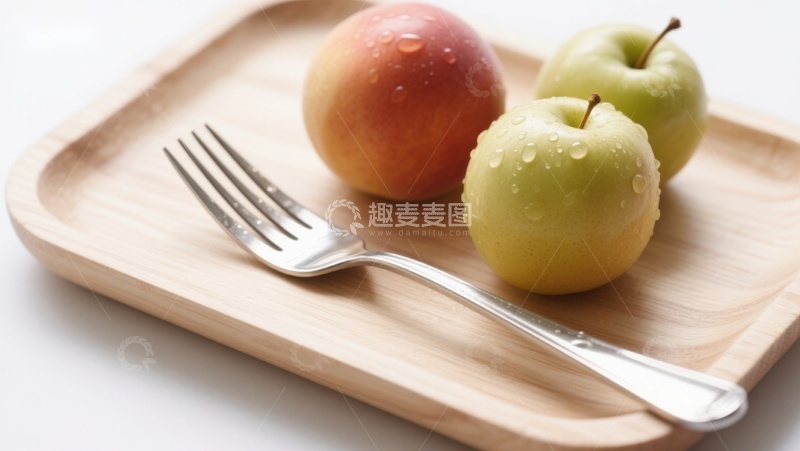 高清大图下载【趣麦麦图】木盘上的水果与叉子