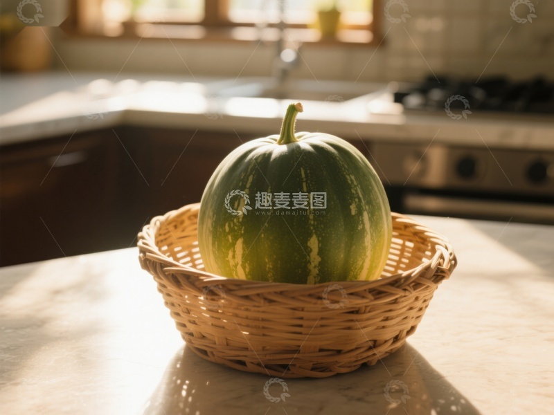 高清大图下载【趣麦麦图】厨房台面上的篮子里放着一个绿南瓜