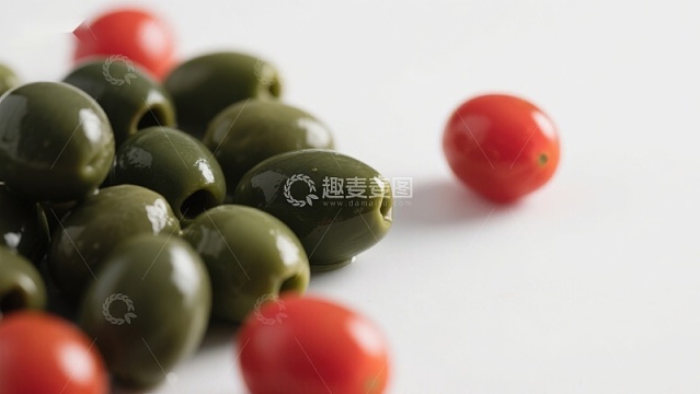 绿橄榄与小番茄的静物组合