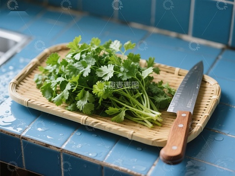 新鲜香菜置于竹制砧板上