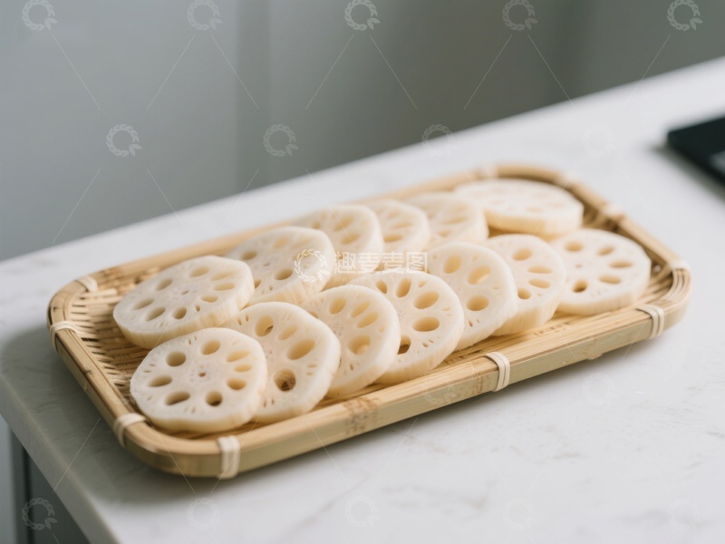 高清大图下载【趣麦麦图】莲藕切片置于竹制托盘