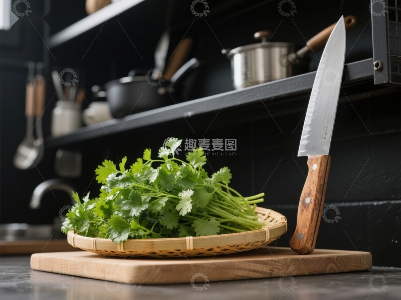 高清大图下载【趣麦麦图】厨房案板上的香菜与刀具