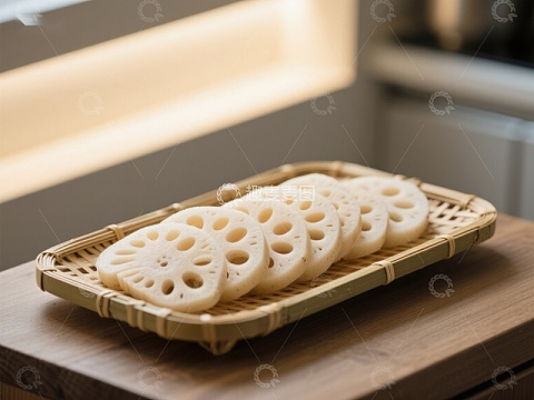 莲藕切片置于竹编托盘