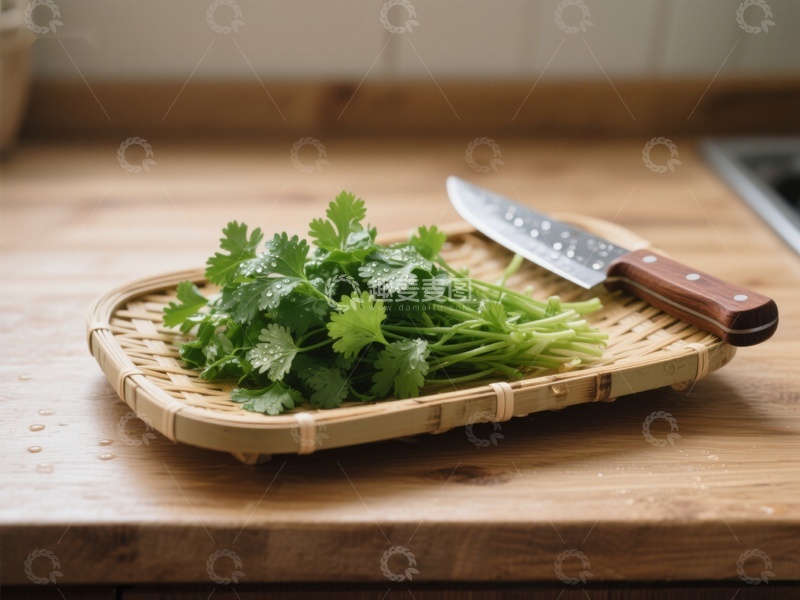 高清大图下载【趣麦麦图】新鲜香菜与刀具置于竹篮