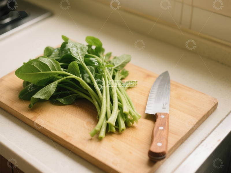 高清大图下载【趣麦麦图】新鲜菠菜与刀具置于砧板上