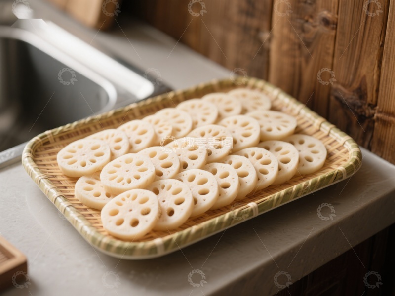 高清大图下载【趣麦麦图】莲藕切片整齐摆放竹篮中