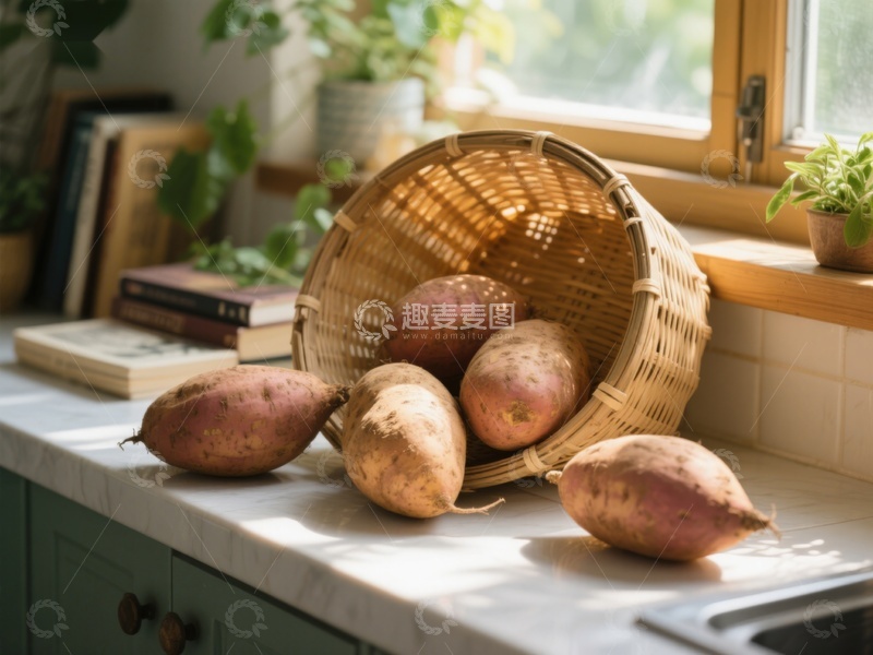 高清大图下载【趣麦麦图】厨房窗台上的红薯与竹篮
