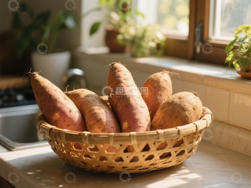 高清大图下载【趣麦麦图】竹篮中的红薯沐浴阳光