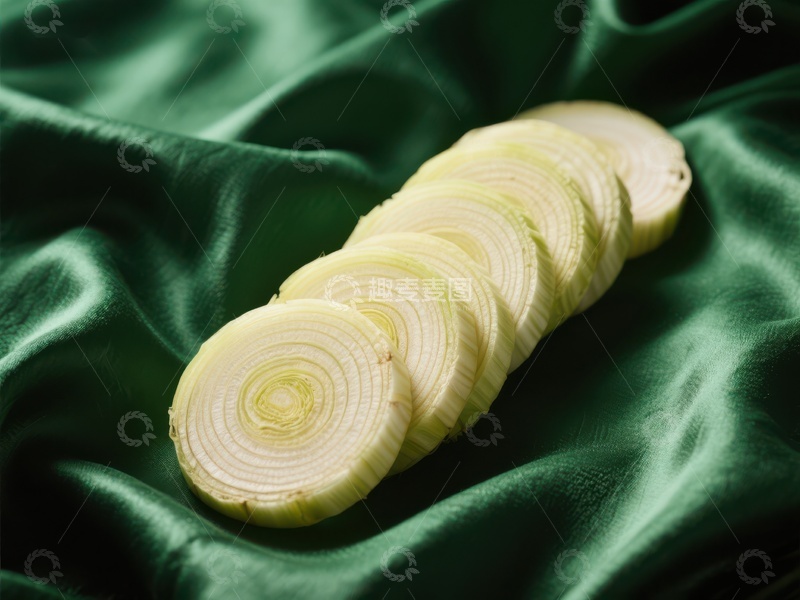 高清大图下载【趣麦麦图】切片洋葱置于绿色绸布之上