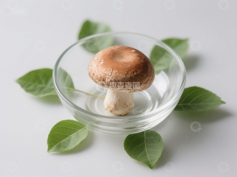 高清大图下载【趣麦麦图】玻璃碗中的蘑菇与绿叶