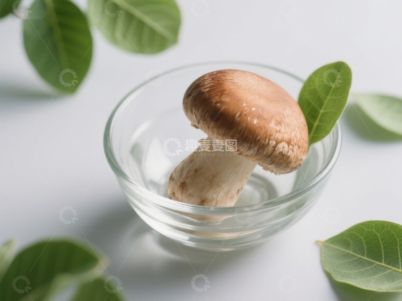高清大图下载【趣麦麦图】玻璃碗中的蘑菇与绿叶