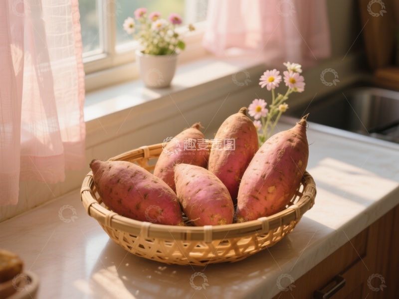 高清大图下载【趣麦麦图】窗边竹篮里的红薯