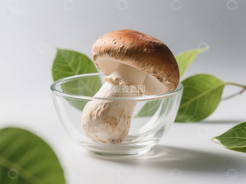 高清大图下载【趣麦麦图】玻璃碗中的蘑菇与绿叶