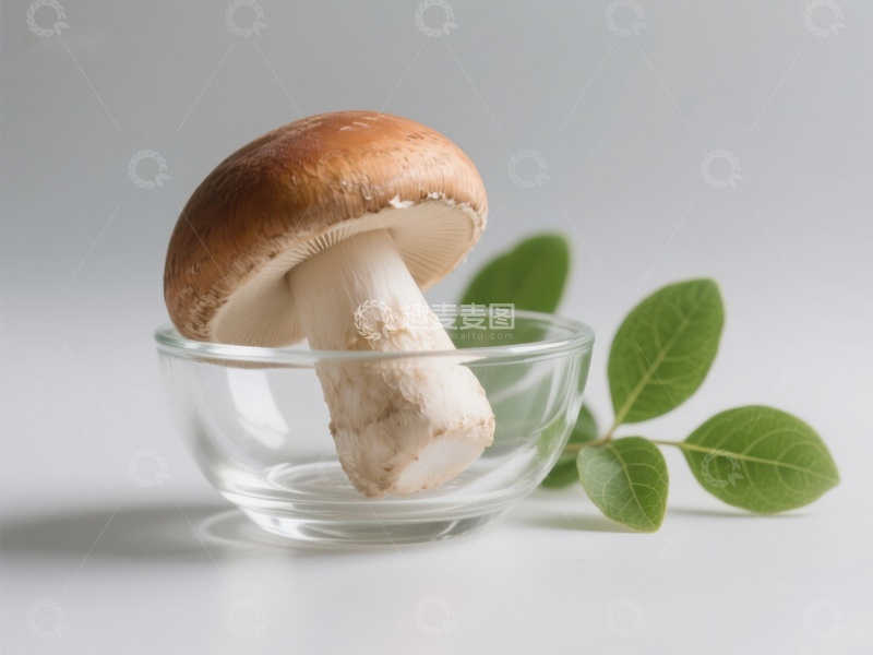 高清大图下载【趣麦麦图】玻璃碗中的蘑菇与绿叶