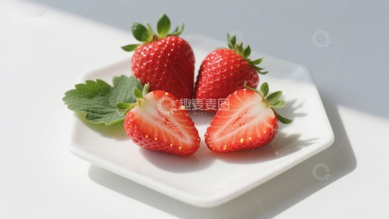高清大图下载【趣麦麦图】新鲜草莓切片，置于白色盘中
