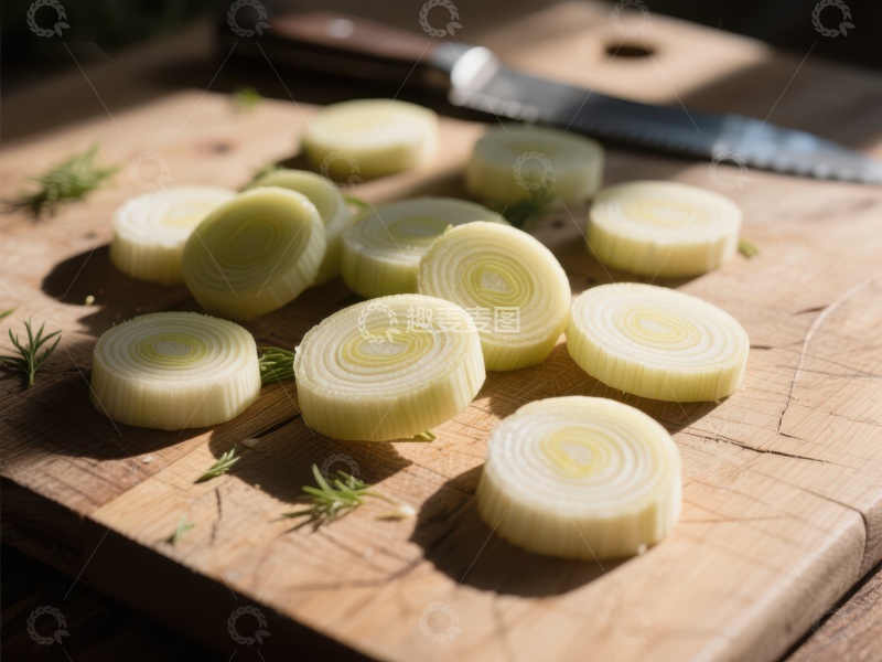 高清大图下载【趣麦麦图】切片韭葱置于木质砧板上