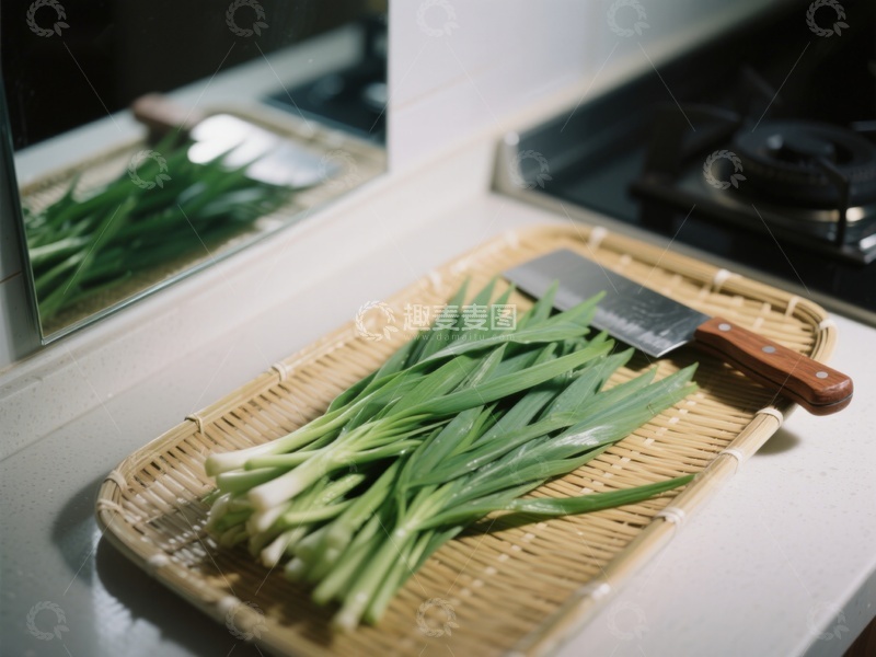 高清大图下载【趣麦麦图】厨房竹篮中的新鲜葱与刀具