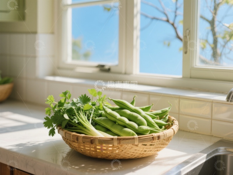 高清大图下载【趣麦麦图】窗边篮子里的新鲜蔬菜