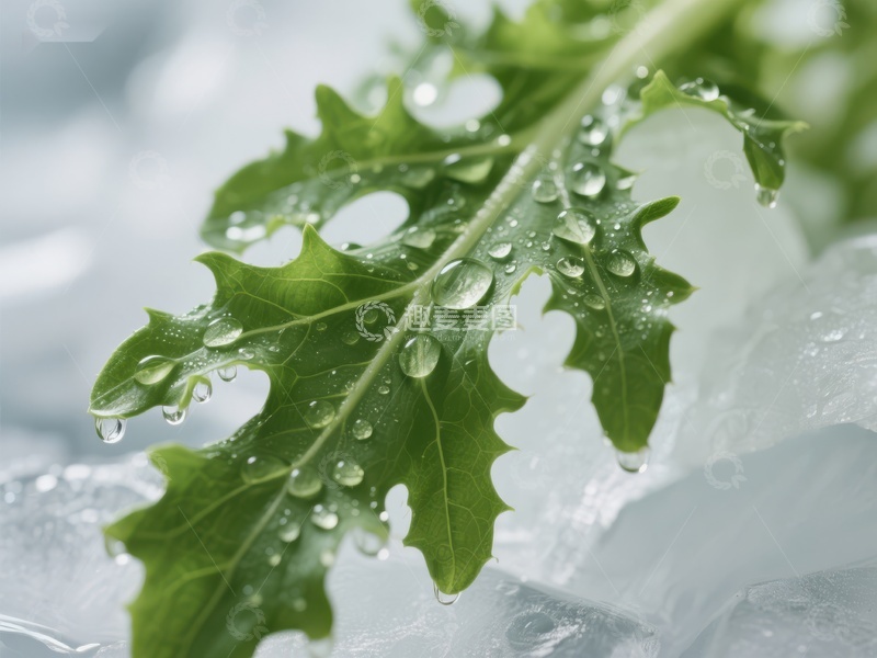 高清大图下载【趣麦麦图】冰上滴水的绿叶