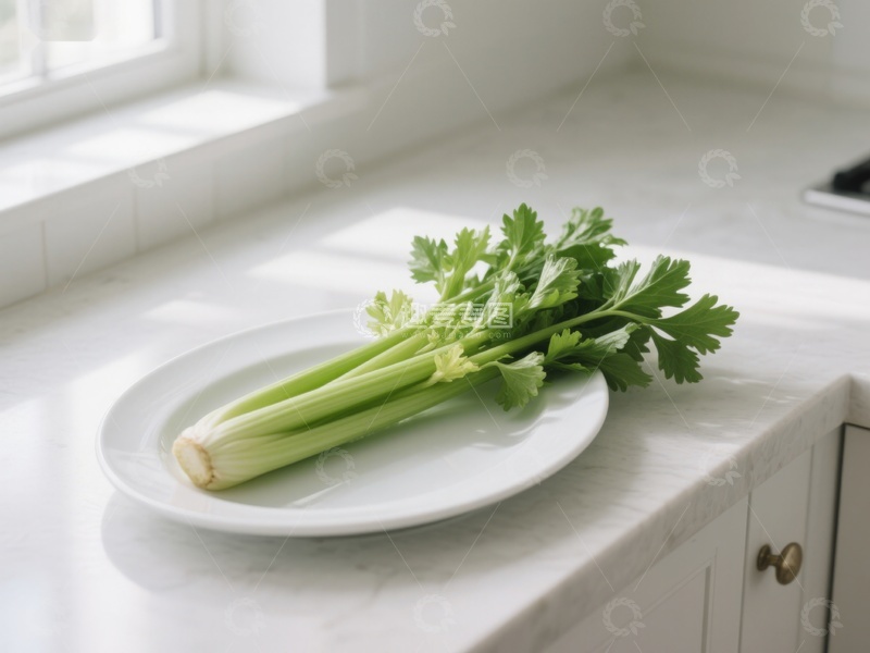 高清大图下载【趣麦麦图】新鲜芹菜置于白色盘中