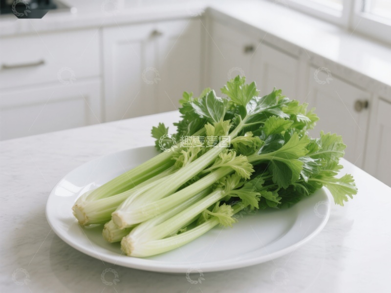 高清大图下载【趣麦麦图】新鲜芹菜置于白色盘中