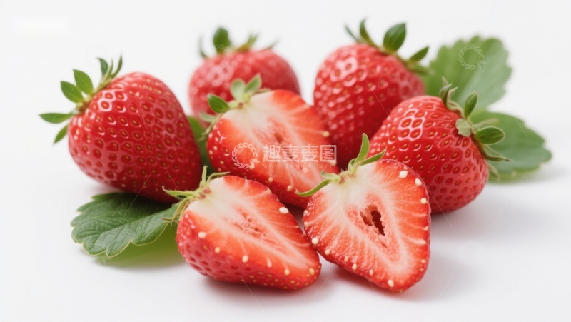 高清大图下载【趣麦麦图】新鲜草莓特写，部分切开展示