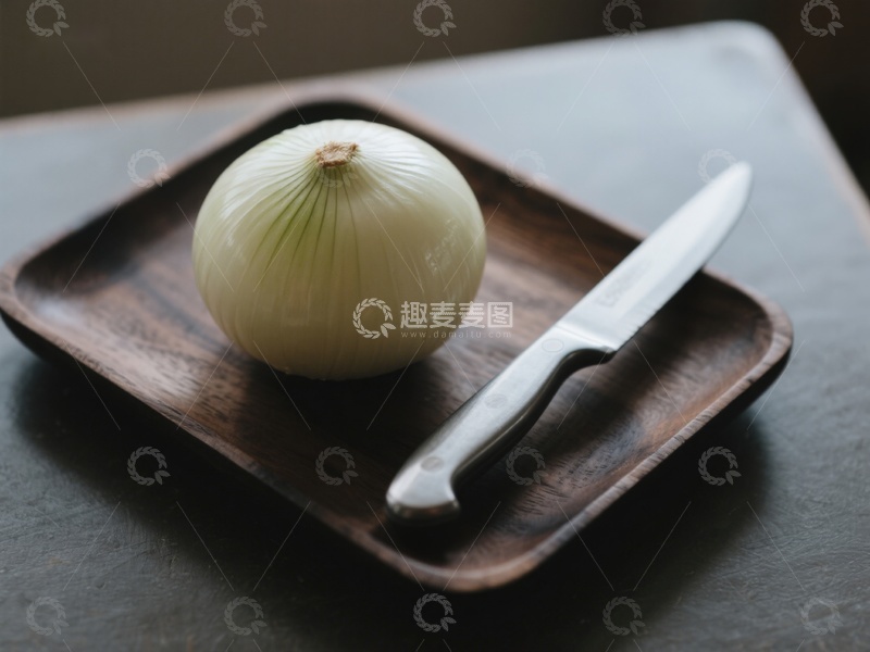 高清大图下载【趣麦麦图】洋葱与刀置于木质托盘