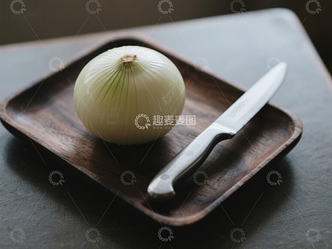 洋葱与刀置于木质托盘