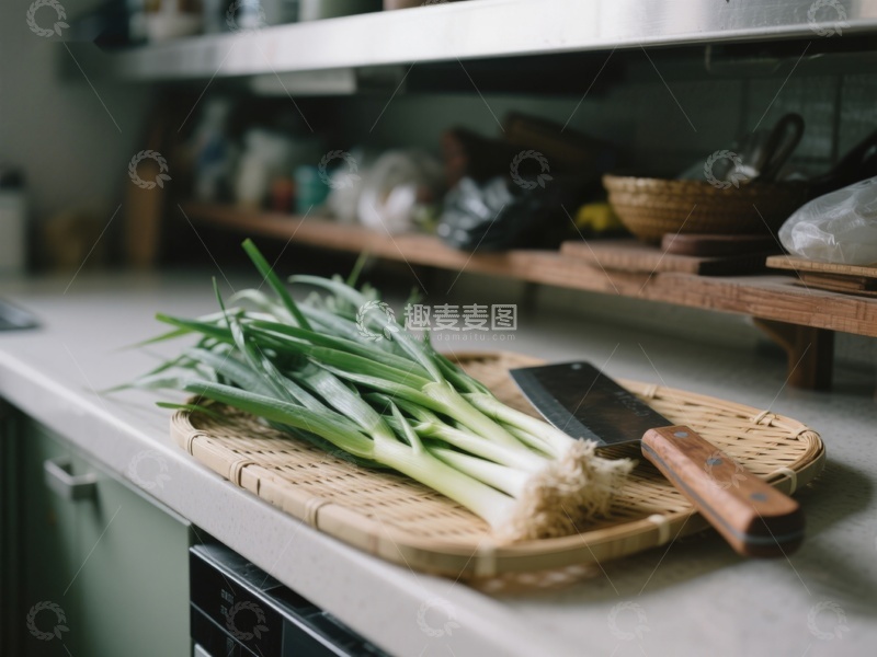 高清大图下载【趣麦麦图】厨房台面上的葱与菜刀