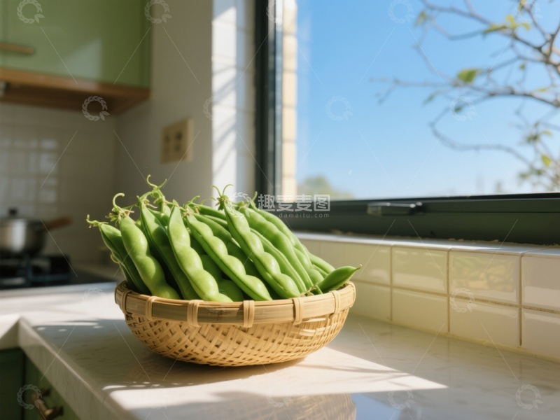 高清大图下载【趣麦麦图】窗边竹篮里的新鲜豆荚