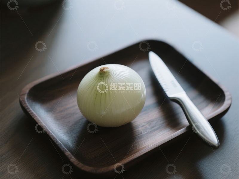高清大图下载【趣麦麦图】洋葱与刀置于木质托盘