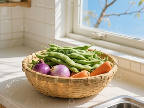 窗边竹篮里的新鲜蔬菜