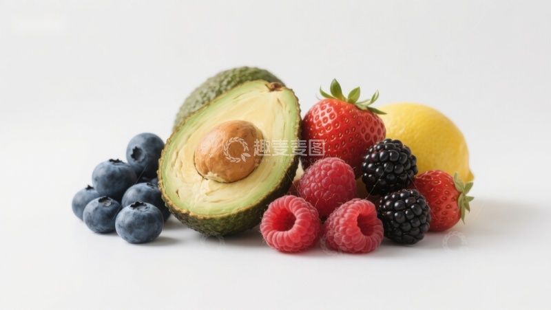 高清大图下载【趣麦麦图】新鲜水果组合：牛油果、浆果与柠檬