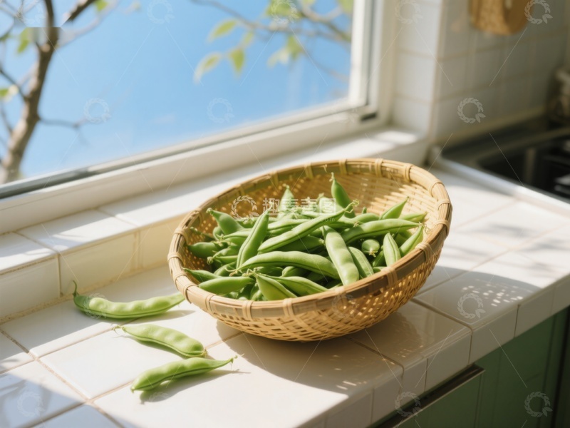 高清大图下载【趣麦麦图】窗台上的竹篮装满新鲜豆荚