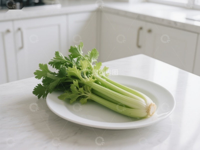 高清大图下载【趣麦麦图】新鲜芹菜置于白色盘中