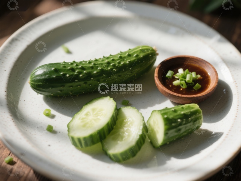 高清大图下载【趣麦麦图】新鲜黄瓜配蘸料，简约美食呈现