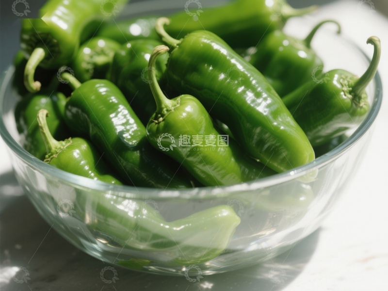 高清大图下载【趣麦麦图】新鲜青椒盛于透明玻璃碗中