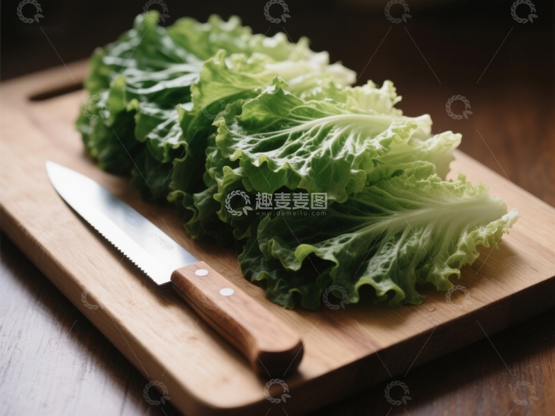 高清大图下载【趣麦麦图】生菜与刀具置于木制砧板上