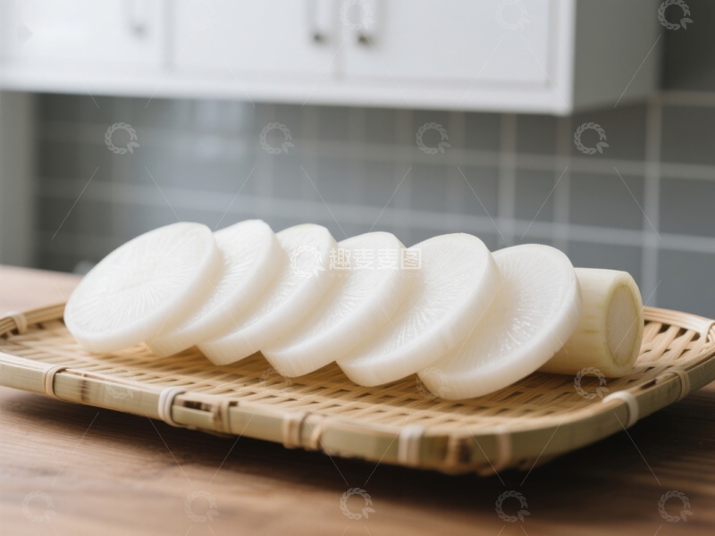 高清大图下载【趣麦麦图】切片白萝卜置于竹制托盘