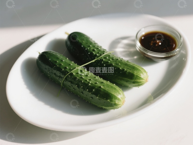 高清大图下载【趣麦麦图】盘中黄瓜配酱料，简洁美食
