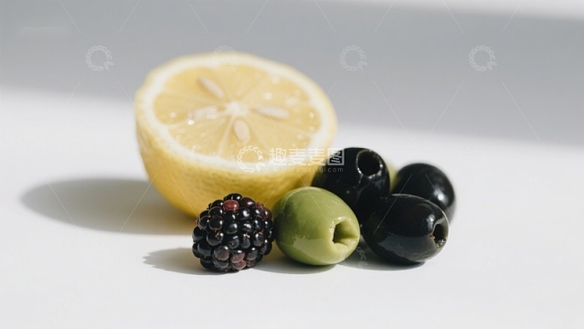 柠檬切片与橄榄黑莓的静物组合