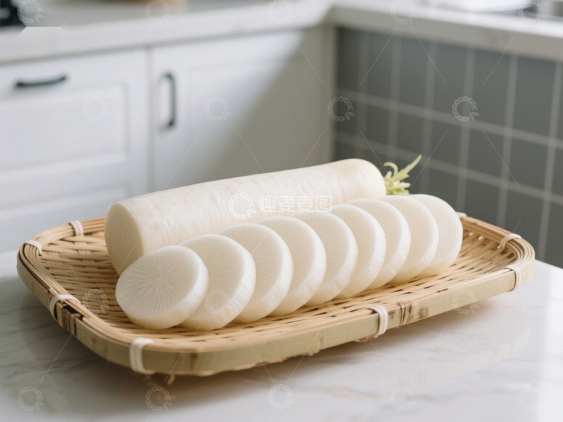 高清大图下载【趣麦麦图】切片白萝卜置于竹篮中