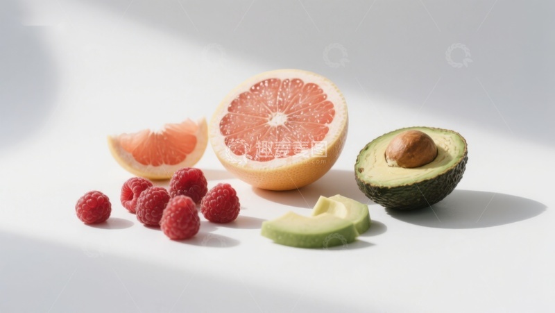 高清大图下载【趣麦麦图】新鲜水果组合：葡萄柚、树莓与牛油果