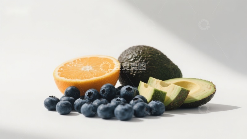 高清大图下载【趣麦麦图】新鲜水果组合：橙子、蓝莓与牛油果