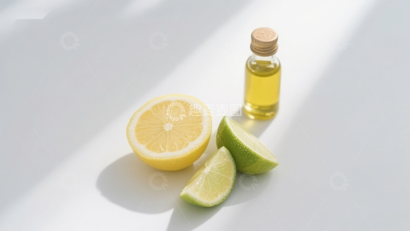 高清大图下载【趣麦麦图】柠檬切片与精油瓶的静物组合
