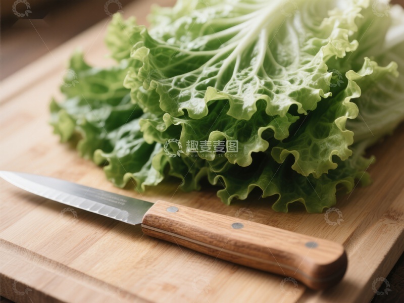 高清大图下载【趣麦麦图】生菜与木柄刀置于砧板上