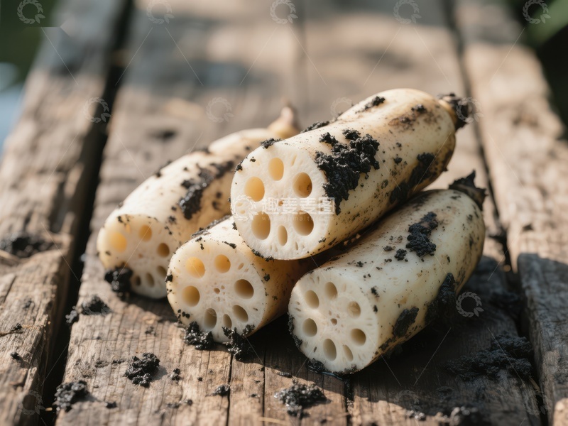 高清大图下载【趣麦麦图】新鲜莲藕切段置于木板上